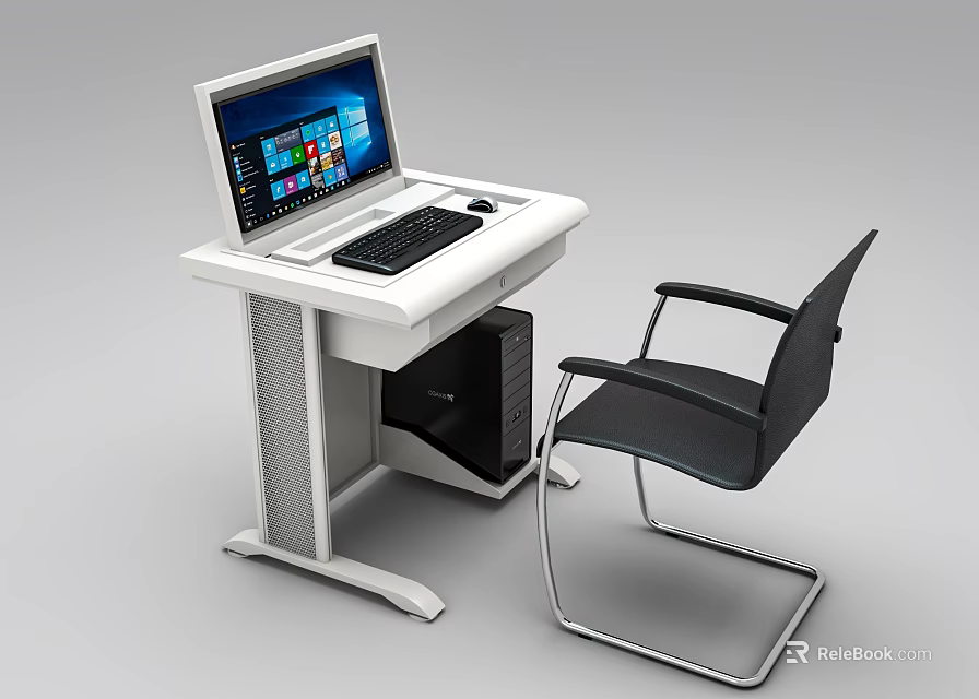 Modern White Office Desk With Laptop Keyboard Mouse And Black Chair 3d model 