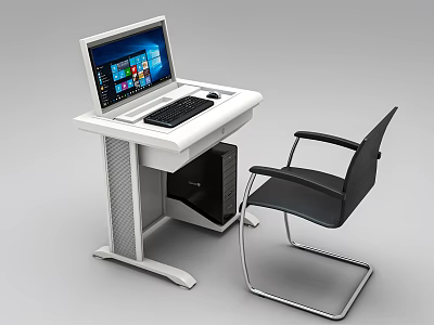 Modern White Office Desk With Laptop Keyboard Mouse And Black Chair 3d model