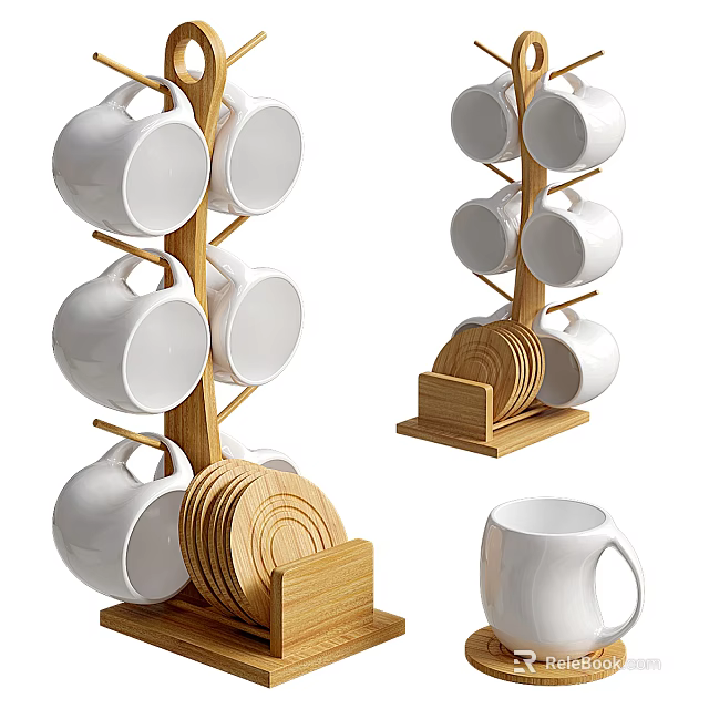 White Mugs Arranged On Wooden Cup Holder With Stacked Dishes 3d model 