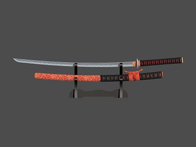Samurai Warrior Displaying Traditional Sword With Dragon Embellished Scabbard On Stand 3d model