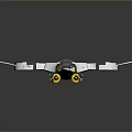 Futuristic Flying Vehicle with Sleek Silver Body Dual Rotor Blades Blue Solar Panels on Wings