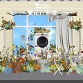 Floral Display Decoration With Window Washing Machine Table And Chairs Surrounded By Flowers