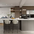 Modern Restaurant Interior With Open Kitchen Marble Island Countertop And Cabinets