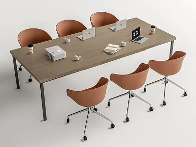 Wooden Conference Table With Orange Rolling Chairs Laptops Printer Coffee Cups And Documents 3d model