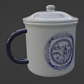 White Mug With Lid Featuring Intricate Blue Decorative Pattern On Ceramic Surface 3d model