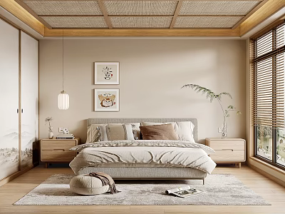 Serene Bedroom Interior With Woven Ceiling Wooden Furniture Beige Walls And Framed Artworks 3d model