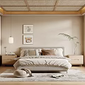 Serene Bedroom Interior With Woven Ceiling Wooden Furniture Beige Walls And Framed Artworks