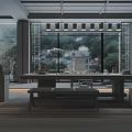 Japanese Tea Room With Wooden Long Table Bench Large Windows Mountain View And Green Plants