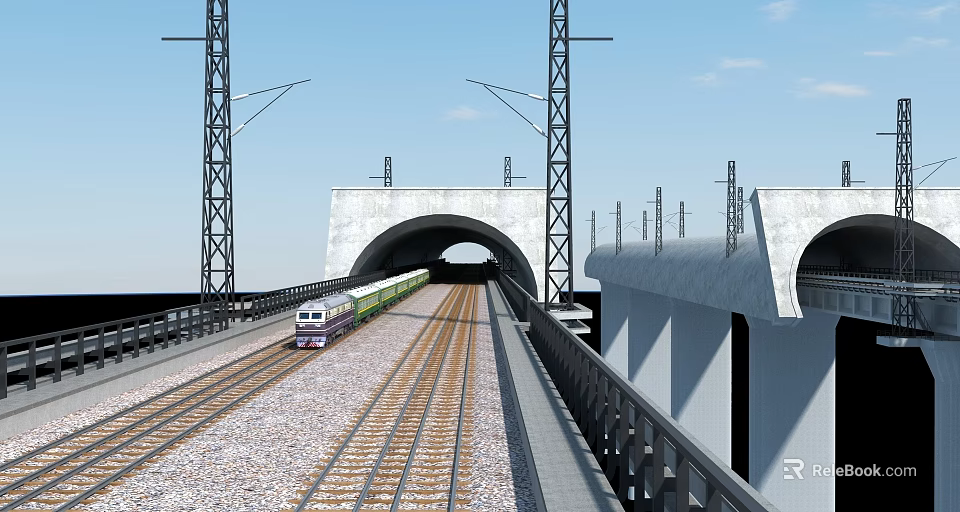 Railway Infrastructure Featuring Tunnel Tracks Train On Viaduct With Utility Poles 3d model 