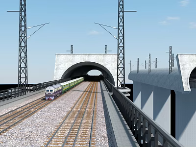 Railway Infrastructure Featuring Tunnel Tracks Train On Viaduct With Utility Poles 3d model