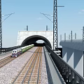 Railway Infrastructure Featuring Tunnel Tracks Train On Viaduct With Utility Poles