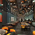 Modern Restaurant Interior With Blue Walls Orange Seats And Marble Tables