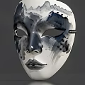 Artistic Black And White Ink Painting Style Mask With Mountain Pattern And Facial Features