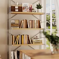 Modern Metal Frame Bookcase with Wooden Shelves Books Photos and Plants Near Armchair and Window