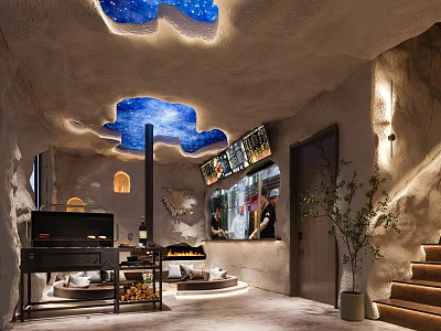 Unique Restaurant Interior With Blue Cloud Ceiling Textured Walls Fireplace Piano Sofa And Staircase 3d model