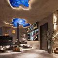 Unique Restaurant Interior With Blue Cloud Ceiling Textured Walls Fireplace Piano Sofa And Staircase