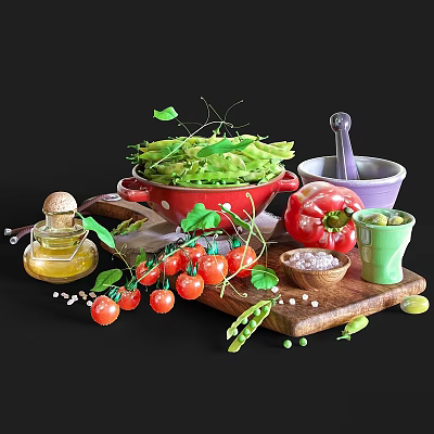 Fresh Food Ingredients With Cherry Tomatoes Green Peas And Olive Oil On Wooden Cutting Board 3d model
