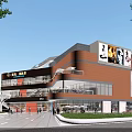 Modern Multi Level Commercial Street with Glass Facades Billboards Pedestrian Lighting and Evening Ambiance