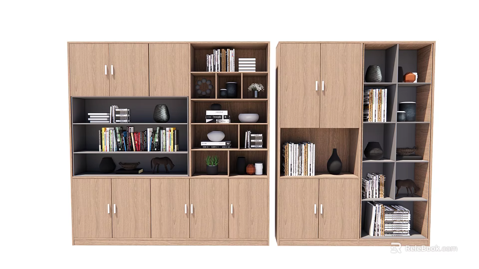 Wooden Bookcase With Multiple Shelves Books Decorative Vases And Small Plants 3d model 