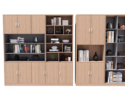 Wooden Bookcase With Multiple Shelves Books Decorative Vases And Small Plants 3d model