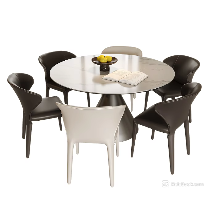 Modern Round Table And Chair Set With Black White Chairs Fruit Bowl And Open Book 3d model 