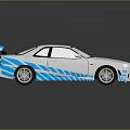 Silver Racing Car With Blue Stripes Rear Spoiler And Sporty Wheels