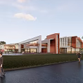 Modern Architectural Exterior Featuring Glass Curtain Wall Wooden Accents Reflection Pool And People Walking