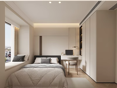 Modern Minimalist Bedroom Interior Design With Large Bed Desk Wardrobe And Window 3d model