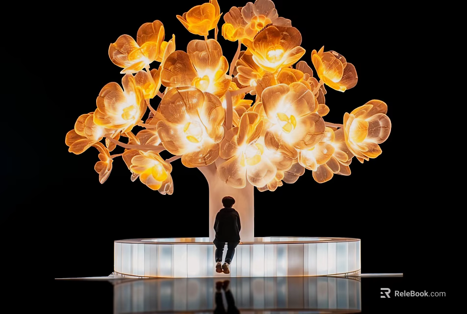 Illuminated Flower Tree Landscape Sculpture with Glowing Blossoms White Platform Base and Seated Person 3d model 