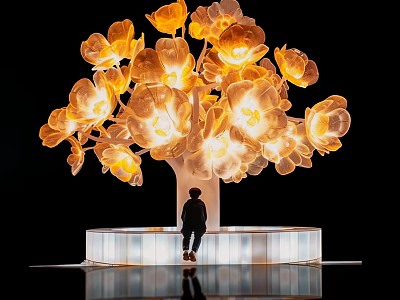Illuminated Flower Tree Landscape Sculpture with Glowing Blossoms White Platform Base and Seated Person 3d model