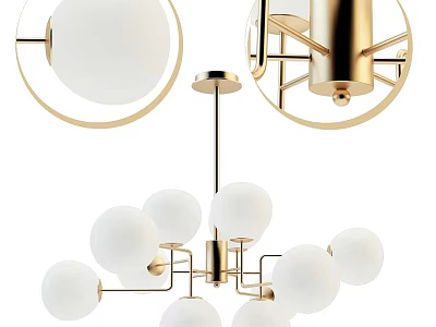 Modern Chandelier With White Globe Shades And Golden Metal Frame Design 3d model