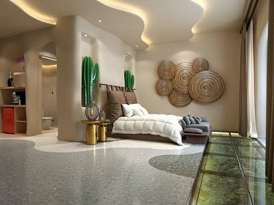 Hotel Guest Room Featuring Comfortable Bed Circular Woven Wall Decor Green Cactus And Modern Lighting Design 3d model