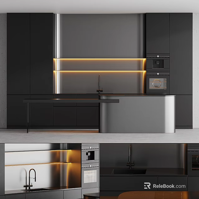 Modern Kitchen Interior With Black Cabinets Built-in Oven And Strip Lighting 3d model 