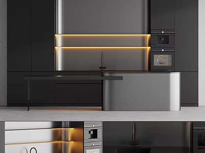 Modern Kitchen Interior With Black Cabinets Built-in Oven And Strip Lighting 3d model