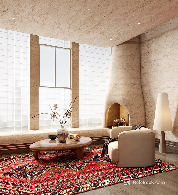 Elegant Modern Fireplace Living Room With Large Windows Sofa Coffee Table And Natural Rug 3d model 