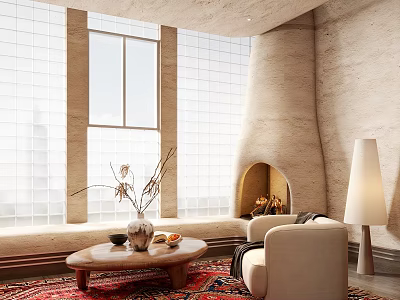 Elegant Modern Fireplace Living Room With Large Windows Sofa Coffee Table And Natural Rug 3d model