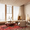 Elegant Modern Fireplace Living Room With Large Windows Sofa Coffee Table And Natural Rug