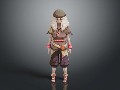 Game Movie Character With Long White Hair Hat Brown Outfit Red Belt And Colorful Details 3d model