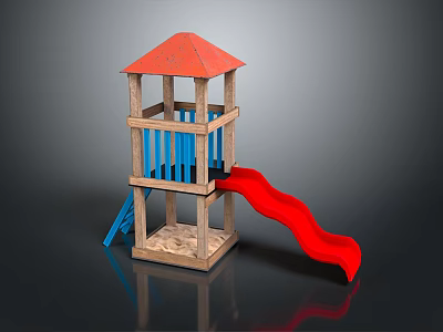 Playground Equipment with Red Roof Wooden Structure Blue Railings and Red Slide 3d model