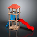 Playground Equipment with Red Roof Wooden Structure Blue Railings and Red Slide