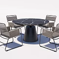 Modern Round Dining Table Set With Marble Tabletop Black Base And Woven Chairs 3d model