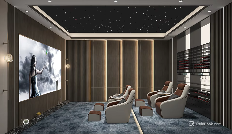 Home Theater With Starry Ceiling Recliner Chairs And Big Screen 3d model 