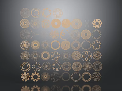 Golden Decorative Ornament Set with Circular Floral and Geometric Patterns on Grey Background with Reflections 3d model