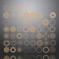 Golden Decorative Ornament Set with Circular Floral and Geometric Patterns on Grey Background with Reflections