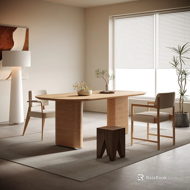 Minimalist Style Wooden Dining Table Set With Chairs Stool Potted Plants And Floor Lamp 3d model 