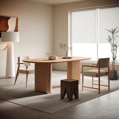Minimalist Style Wooden Dining Table Set With Chairs Stool Potted Plants And Floor Lamp 3d model