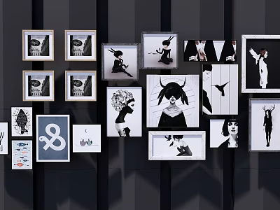 Black and White Wall Art With Various Frames And Diverse Designs On Wall 3d model