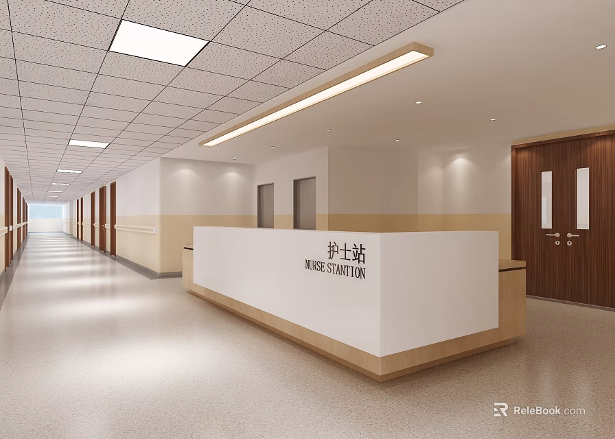 Nurse Station Reception Desk In Hospital Corridor With Light Colored Walls And Modern Design 3d model 