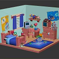 Cartoon Room Interior Featuring Pink Bed Desk Blue Rug Window Curtains Wall Posters And Toys