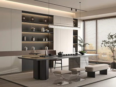 Modern Tea Room Interior Design With Cabinets Tea Sets Hanging Lights And Plants 3d model